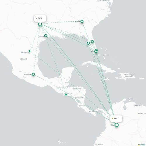 Mapa de vuelo directo Dallas - Bogotá