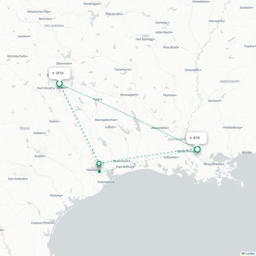 Mapa de vuelo directo Dallas - Baton Rouge