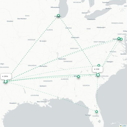 Mapa de vuelo directo Dallas - Columbia