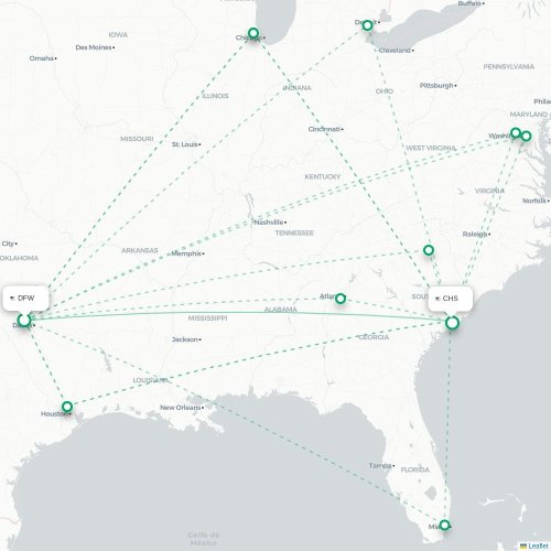 Mapa de vuelo directo Dallas - Charleston