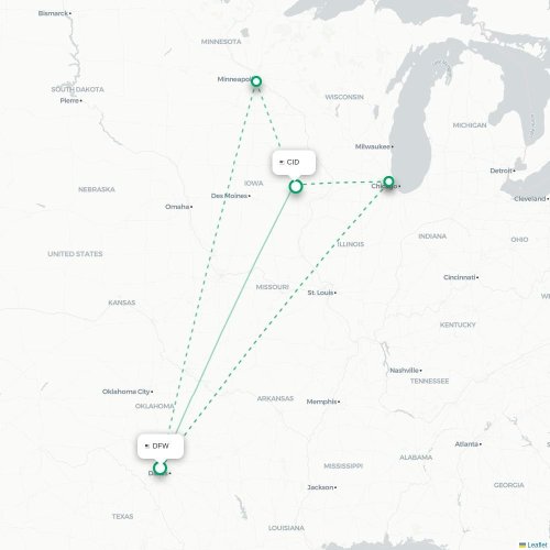 Mapa de vuelo directo Dallas - Cedar Rapids
