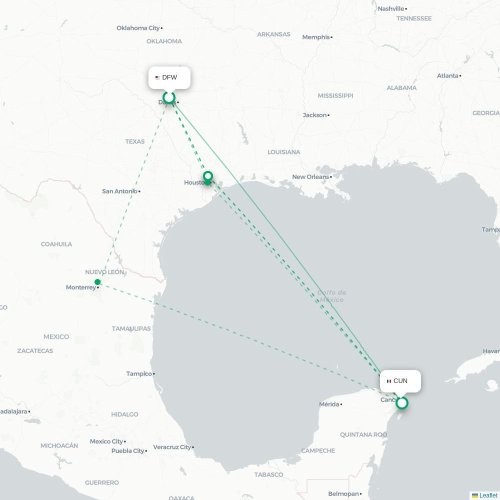 Dallas - Cancun karta över direktflyg