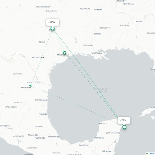 Mapa lotu bezpośredniego Dallas – Cozumel
