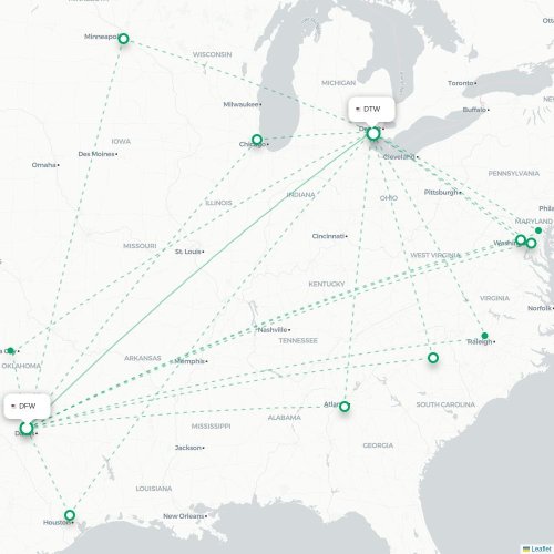 Mapa lotu bezpośredniego Dallas – Detroit