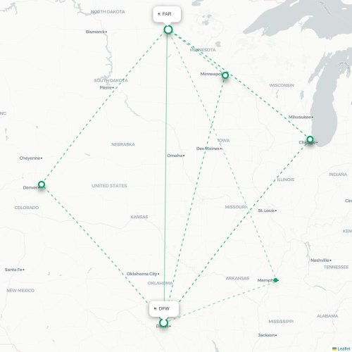 Mapa de vuelo directo Dallas - Fargo