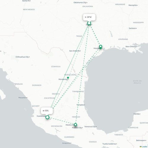 Dallas - Guadalajara karta över direktflyg