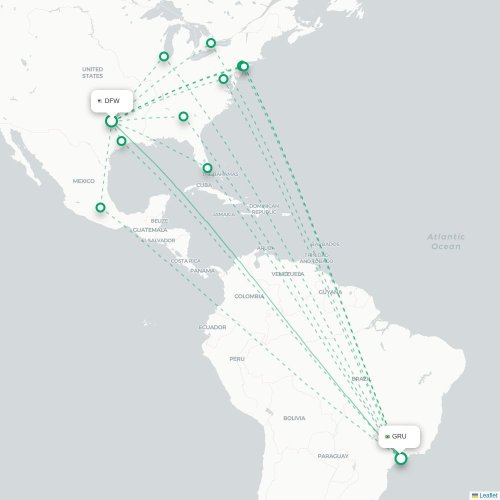 Dallas - Sao Paulo karta över direktflyg