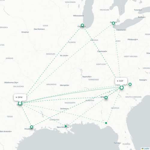 Mapa lotu bezpośredniego Dallas – Greenville