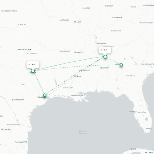 Mapa de vuelo directo Dallas - Huntsville