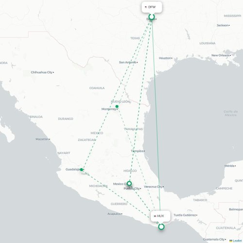 Mapa de vuelo directo Dallas - Santa María Huatulco