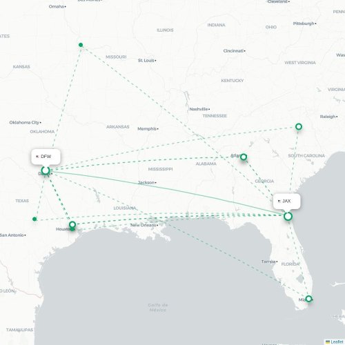 Dallas - Jacksonville karta över direktflyg