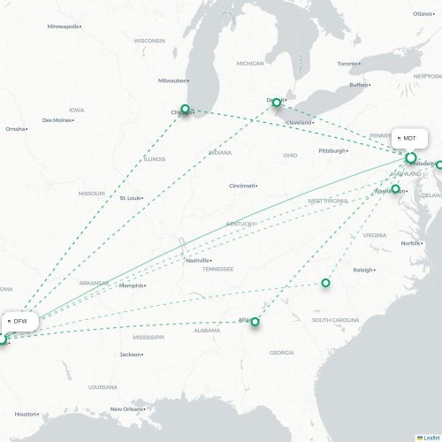 Mapa lotu bezpośredniego Dallas – Harrisburg