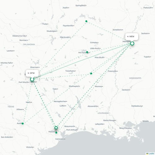 Mapa de vuelo directo Dallas - Memphis