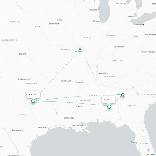 Mapa lotu bezpośredniego Dallas – Montgomery