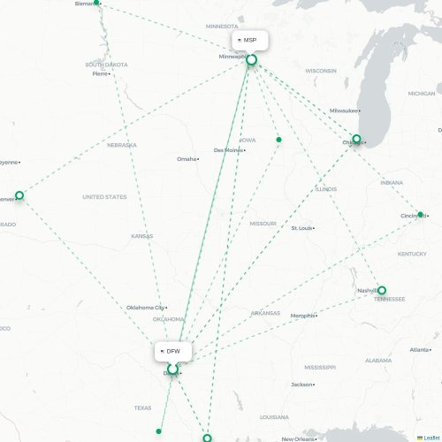 Mapa de vuelo directo Dallas - Mineápolis