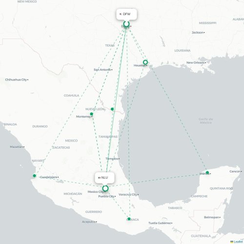 Mapa de vuelo directo Dallas - Ciudad de México, D.F.