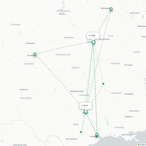 Mapa lotu bezpośredniego Dallas – Omaha