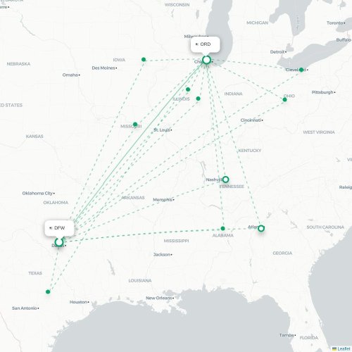 Mapa de vuelo directo Dallas - Chicago