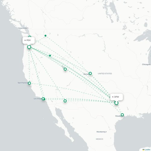 Mapa de vuelo directo Dallas - Portland