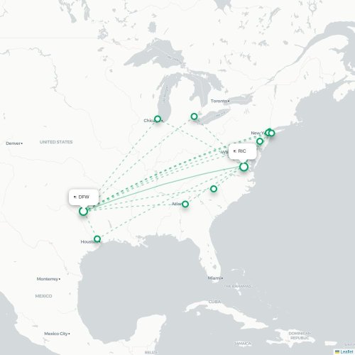 Dallas - Richmond kaart van rechtstreekse vlucht