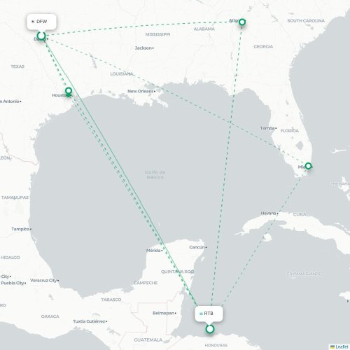 Mapa lotu bezpośredniego Dallas – Coxen Hole