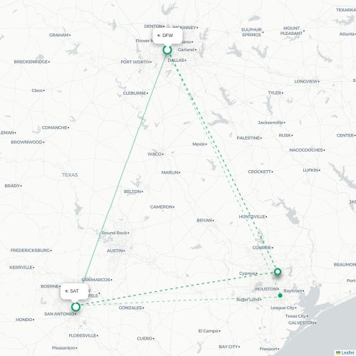 Mapa lotu bezpośredniego Dallas – San Antonio