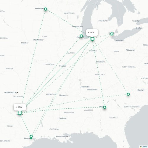 Mapa lotu bezpośredniego Dallas – South Bend