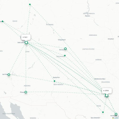 Mapa de vuelo directo Dallas - Salt Lake City