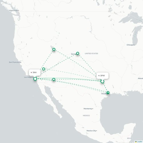 Mapa de vuelo directo Dallas - Santa Ana