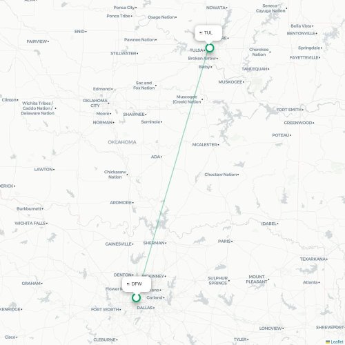 Dallas - Tulsa kort over direkte fly