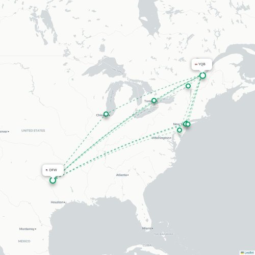 Mapa de vuelo directo Dallas - Quebec