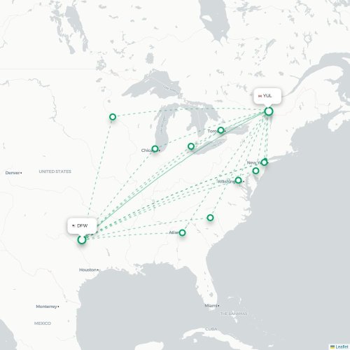 Mapa de vuelo directo Dallas - Montreal