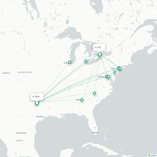 Mapa de vuelo directo Dallas - Toronto