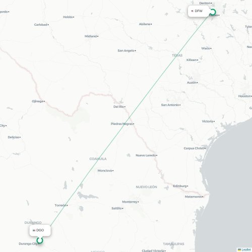 Mapa de vuelo directo Victoria de Durango - Dallas