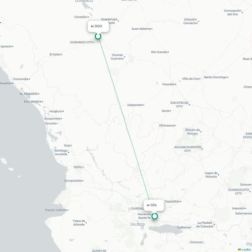 Mapa de vuelo directo Victoria de Durango - Guadalajara