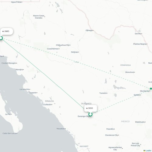 Mapa de vuelo directo Victoria de Durango - Hermosillo