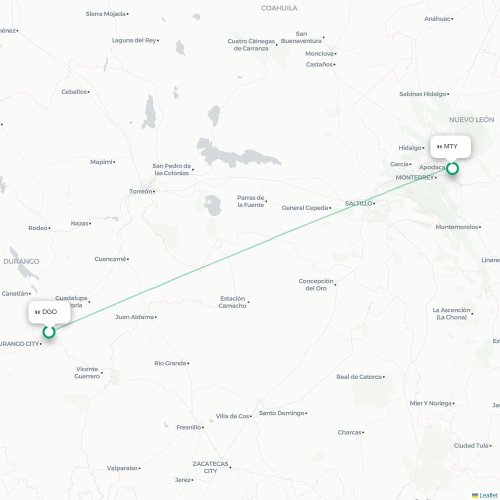 Mapa de vuelo directo Victoria de Durango - Monterrey