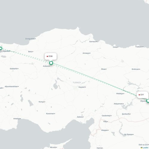Mapa de vuelo directo Diyarbakır - Angora