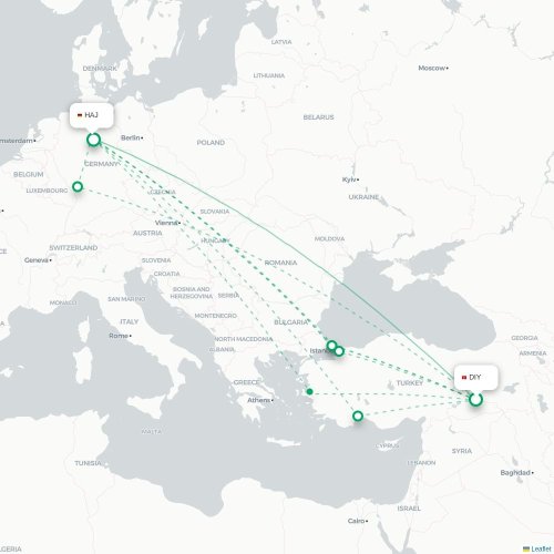 Mapa de vuelo directo Diyarbakır - Hannover