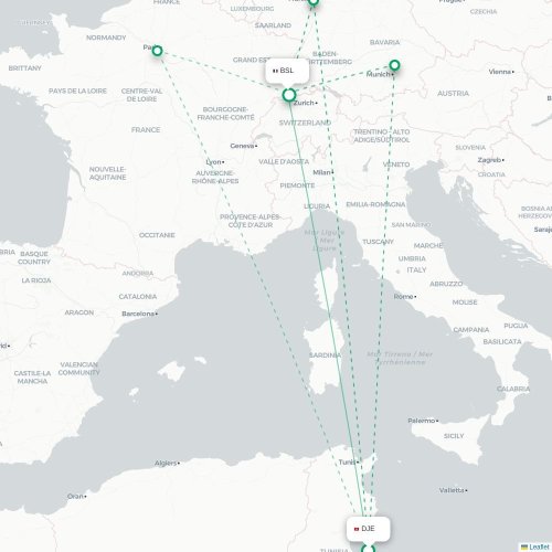 Mapa lotu bezpośredniego Houmt Souk – Bazylea, Szwajcaria