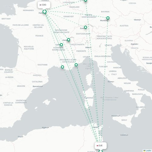 Mapa lotu bezpośredniego Houmt Souk – Paryż