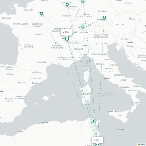 Mapa lotu bezpośredniego Houmt Souk – Genewa