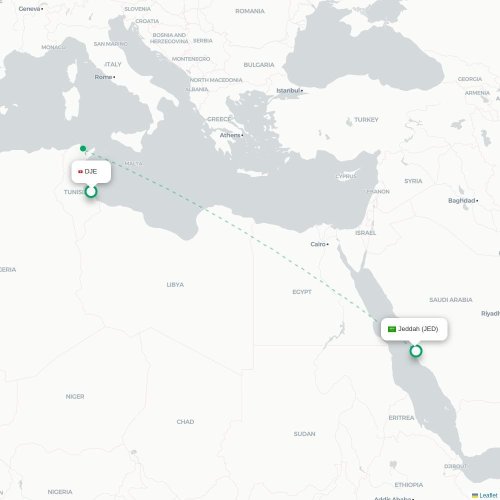 Mapa lotu bezpośredniego Houmt Souk – Dżudda