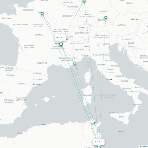 Mapa lotu bezpośredniego Houmt Souk – Lyon