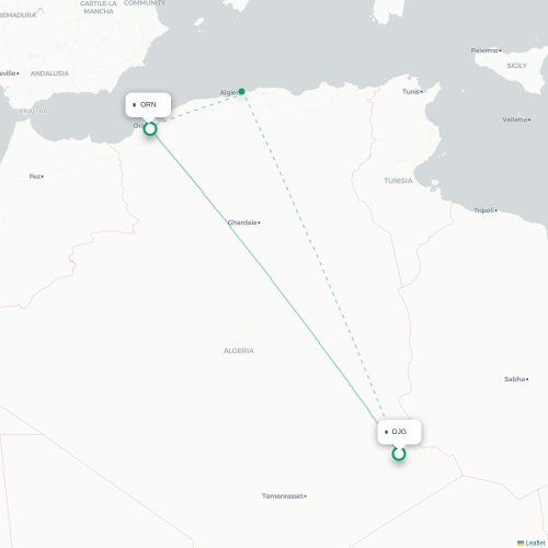 Djanet - Oran kaart van rechtstreekse vlucht