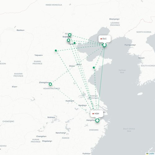 Mapa lotu bezpośredniego Dalian – Hangzhou