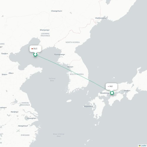 Mapa lotu bezpośredniego Dalian – Hiroszima