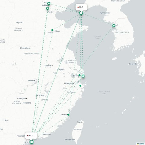 Mapa lotu bezpośredniego Dalian – Hongkong