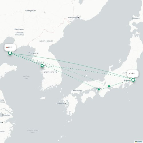 Mapa lotu bezpośredniego Dalian – Tokio