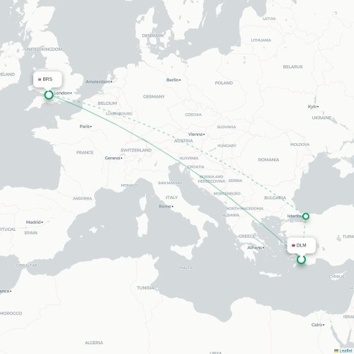 Mapa de vuelo directo Dalaman - Brístol